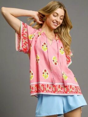 Umgee Boho Bloom Border Peasant Top Size Medium